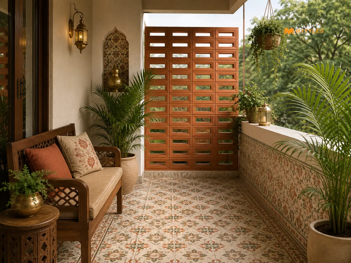 Terracotta Jali with Patterned Tiles for a Traditional Balcony